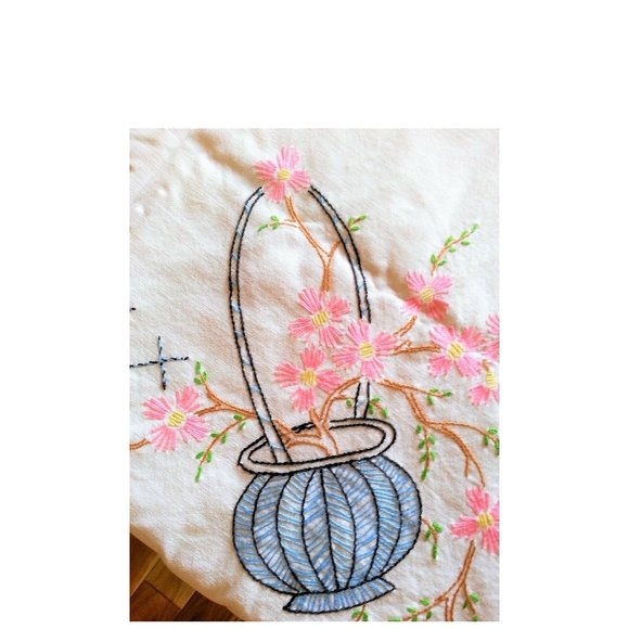 Vintage Embroidered Flowers in Basket Floral Tablecloth 53" x 68" - Picture 4 of 4